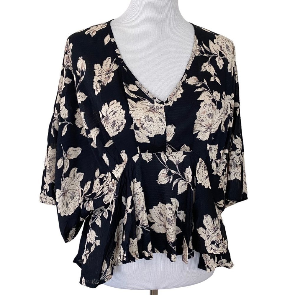 BOG Collective Black & Beige Floral Boho Peasant Flowy V-Neck Blouse Top XS
